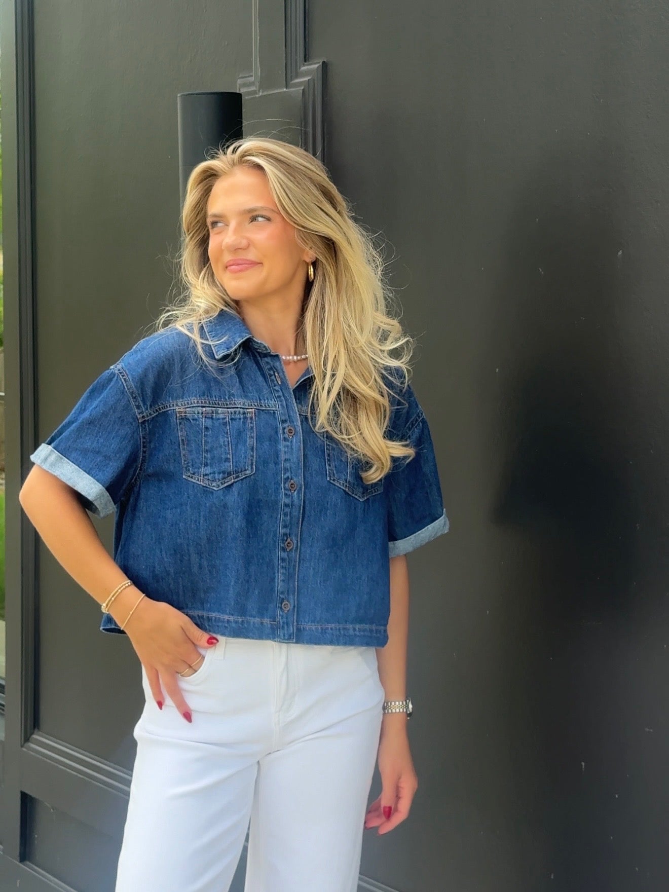 Cropped Short Sleeve Denim Shirt
