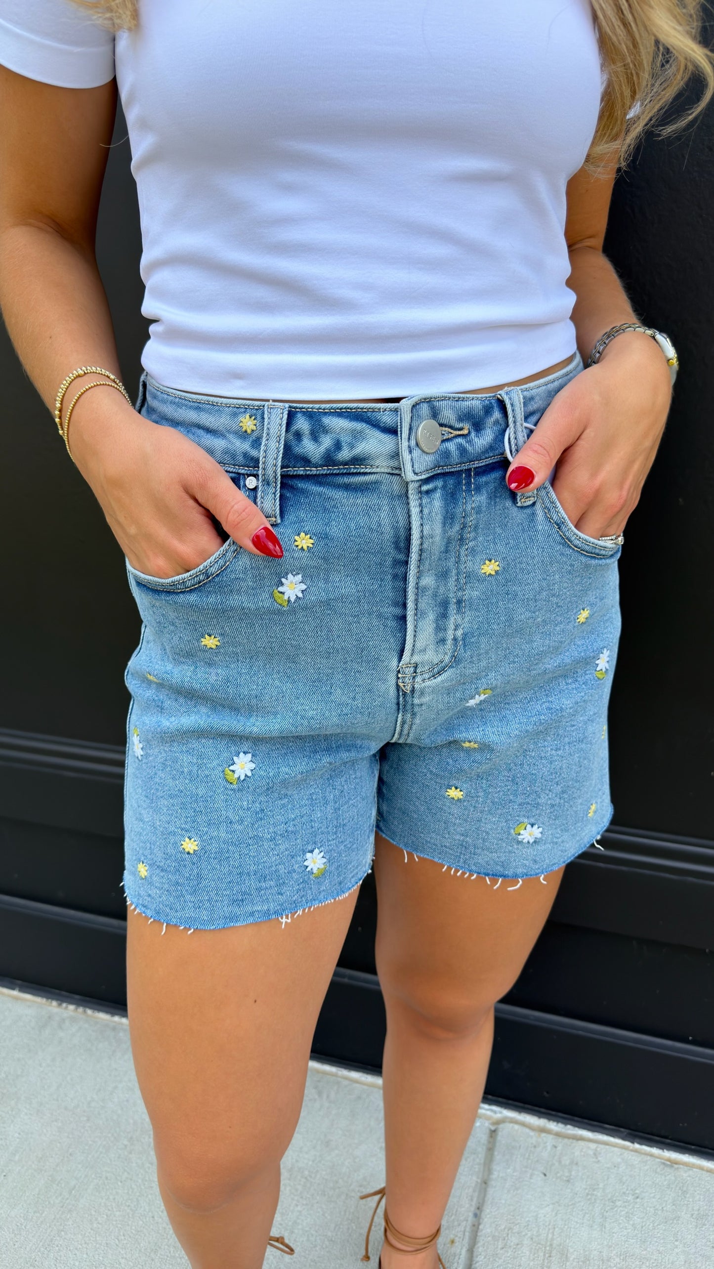 High Rise Flower Embroidered Shorts