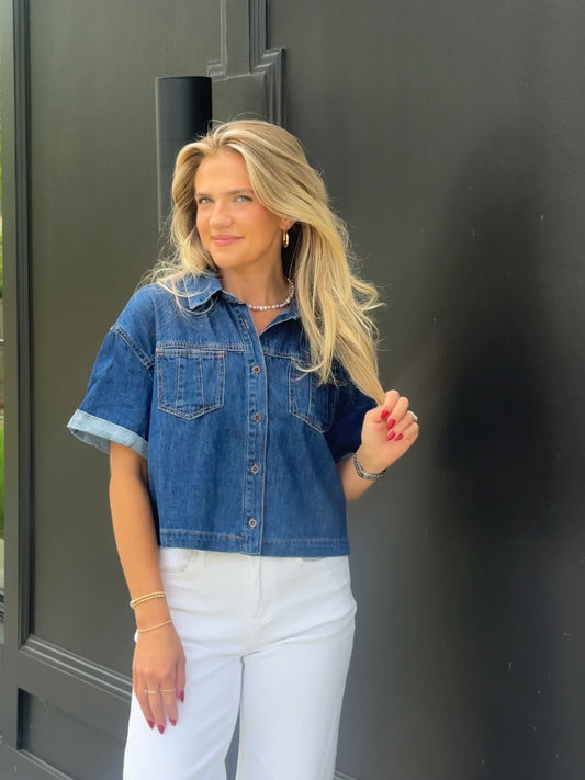 Cropped Short Sleeve Denim Shirt
