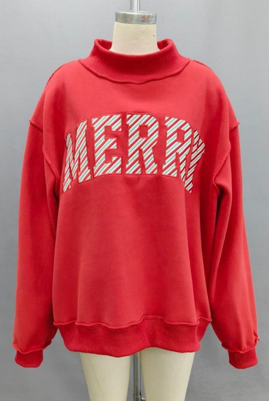 'MERRY' Embroidered Mock Neck